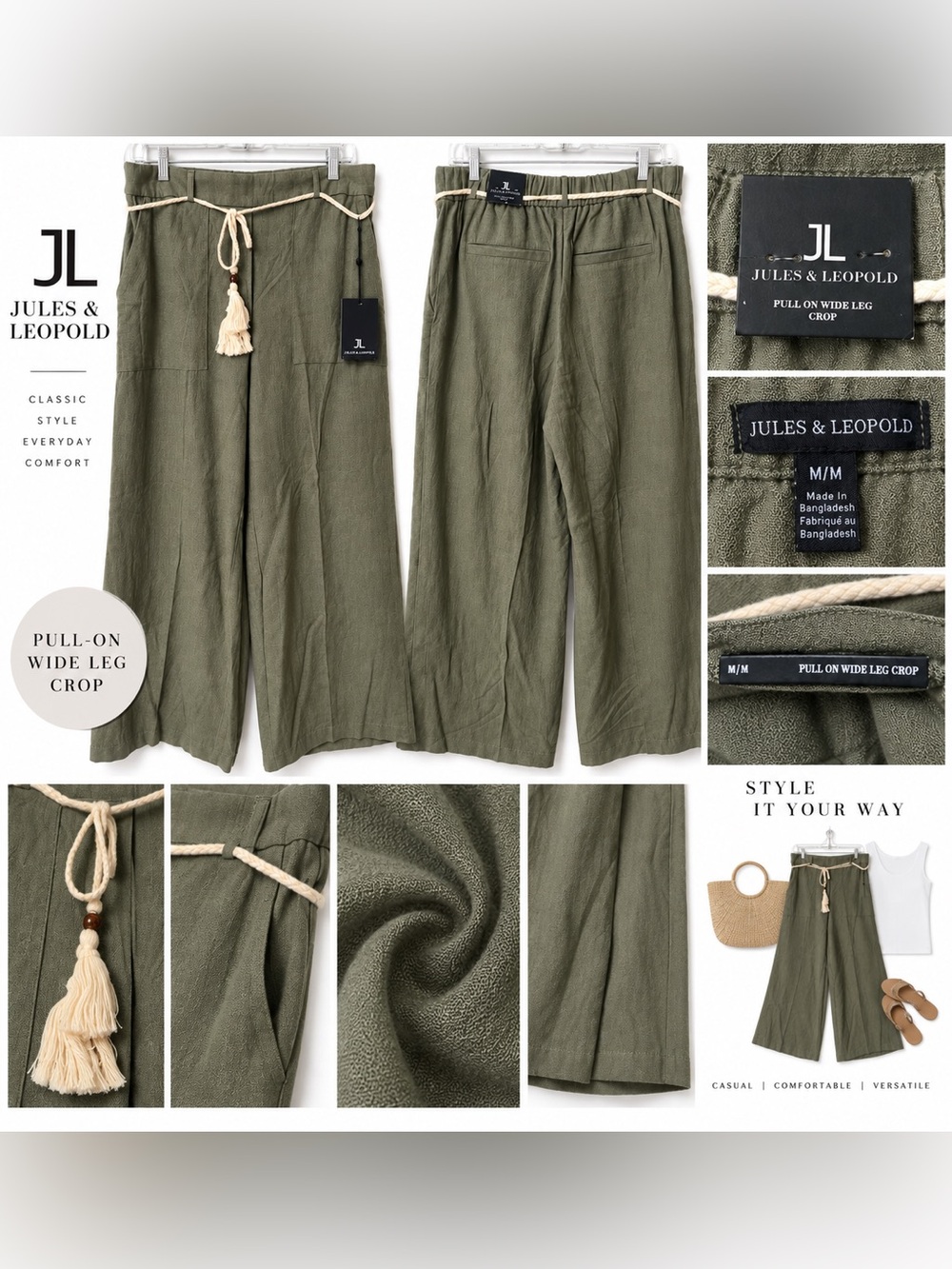ules & Leopold Pull-On Wide Leg Crop Pants – Size M/M – Olive Green